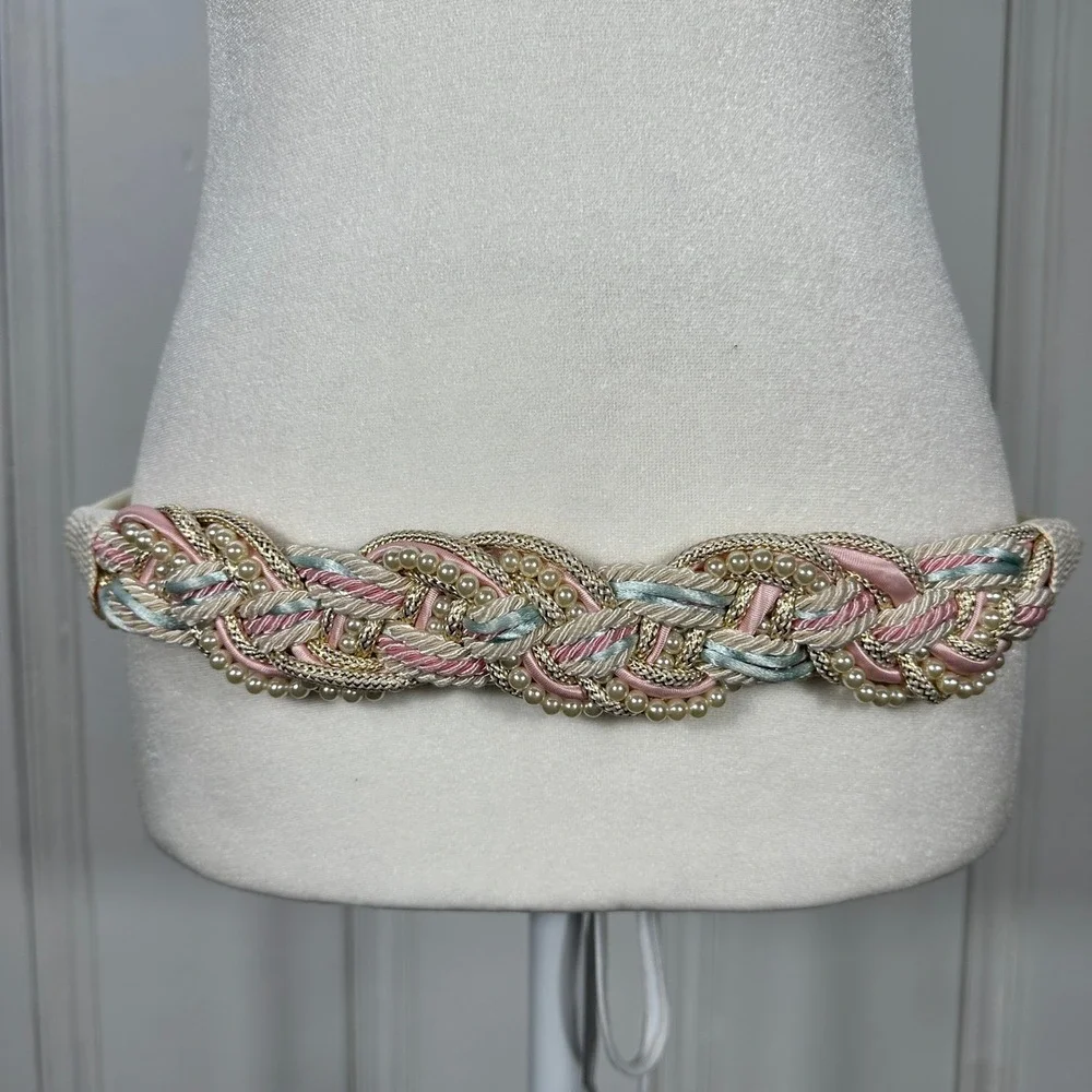 Vintage Braided Rope Belt Pastel Pink Blue Faux Pearl Gold Statement Waist Belt